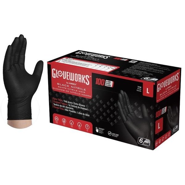 Gloveworks RDT, Nitrile Disposable Gloves, 6 mil Palm, Nitrile, Powder-Free, L, Black GWBN46100